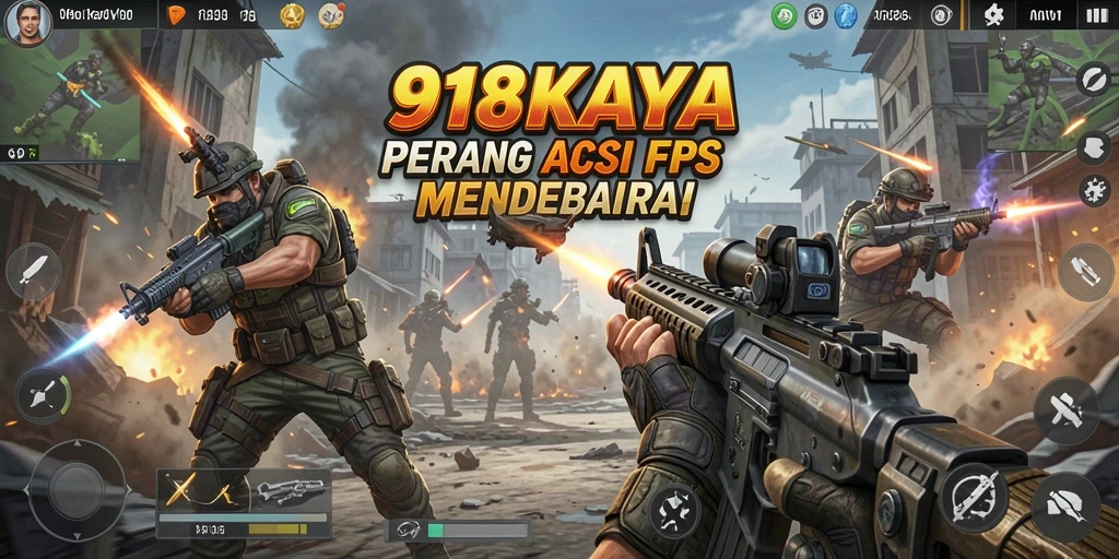 Screenshot utama menunjukkan aksi tembak-menembak di 918KAYA.