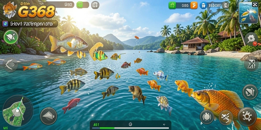 Tampilan gameplay GG368 yang menarik dengan berbagai lokasi pemancingan.