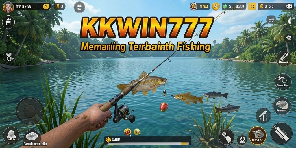Tampilan gameplay KKWIN777 dengan ikan-ikan berwarna cerah dan lokasi memancing yang indah.
