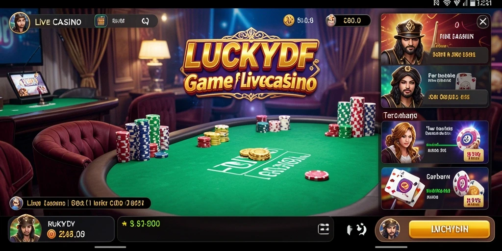 Screenshot LUCKYDF menampilkan dealer langsung dan suasana permainan Live Casino yang mendebarkan.