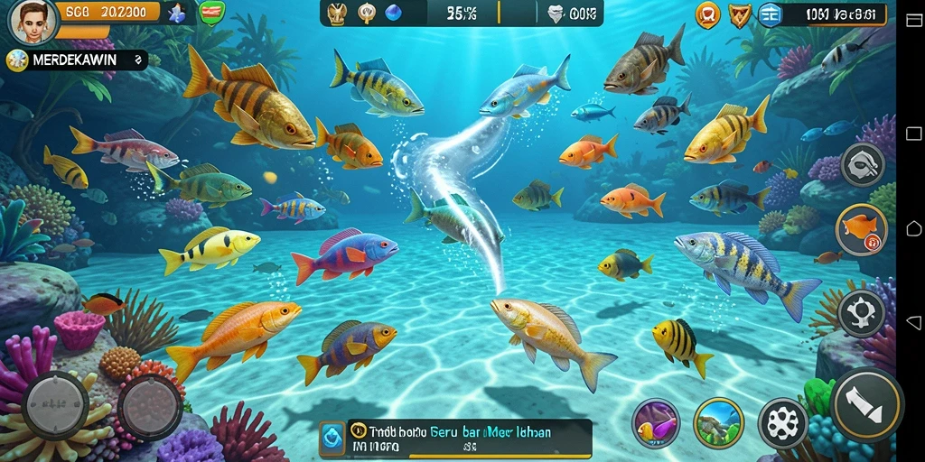 Gameplay seru dalam MERDEKAWIN yang penuh aksi menembak ikan.