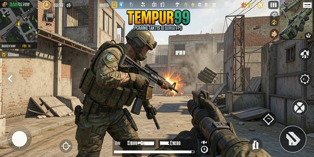 Screenshot gameplay TEMPUR99 yang menampilkan aksi pertempuran FPS yang seru.