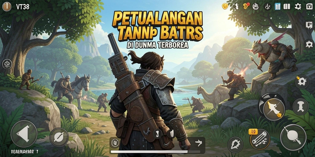 Screenshot utama VT38 menampilkan berbagai petualangan seru di dunia terbuka.
